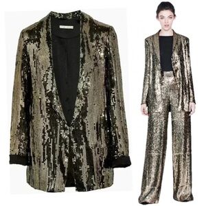Alice + Olivia Jace Metallic Gold Sequin Shawl-Collar Oversized Blazer Sz S